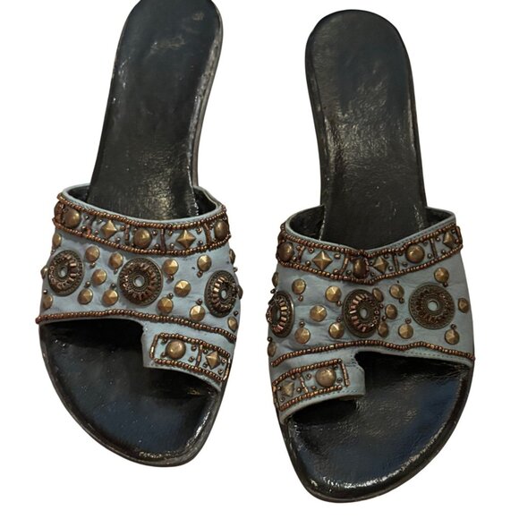 VanEli Studded Blue Leather Slip On Wedge Sandals Bronze Embellishments - Picture 2 of 8